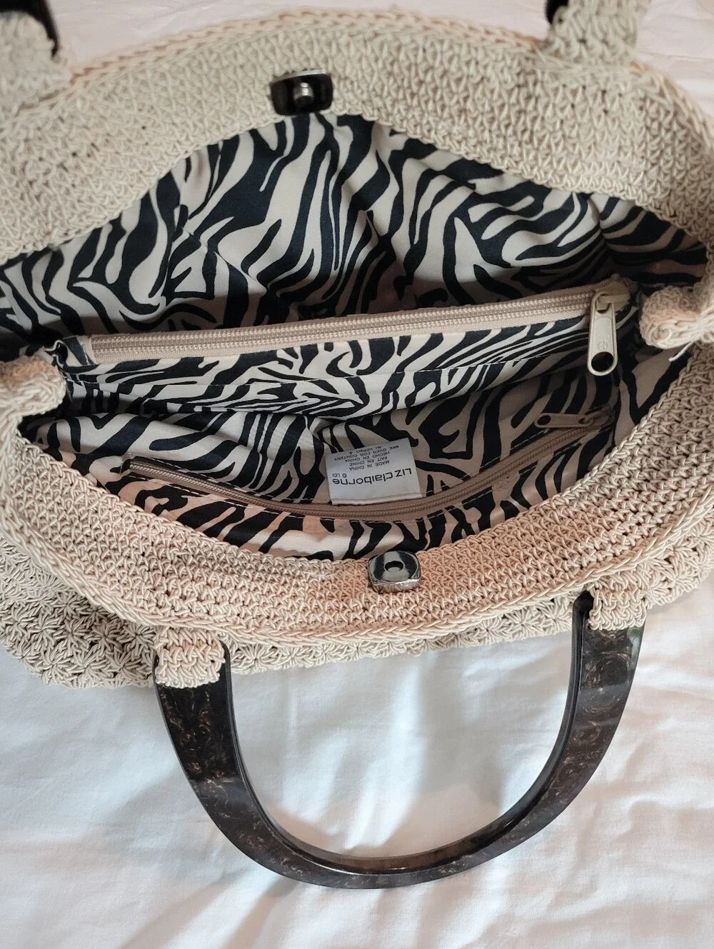 Vintage Liz Claiborne Cream Crochet Star Stitch Handbag Tortoiseshell Handle